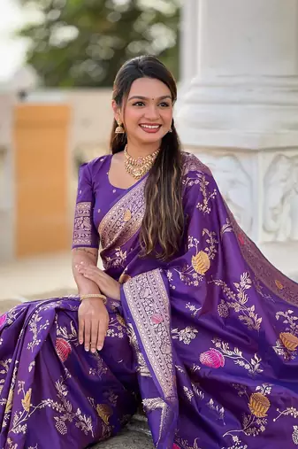 Wine soft banarasi silk blend meenakari weaving saree with unstitched blouse