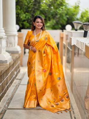 Yellow soft banarasi silk blend meenakari weaving saree with unstitched blouse 1
