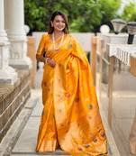 Yellow soft banarasi silk blend meenakari weaving saree with unstitched blouse