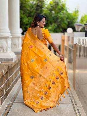 Yellow soft banarasi silk blend meenakari weaving saree with unstitched blouse 2