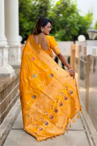 Yellow soft banarasi silk blend meenakari weaving saree with unstitched blouse