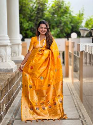 Yellow soft banarasi silk blend meenakari weaving saree with unstitched blouse 3