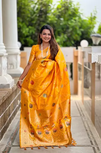 Yellow soft banarasi silk blend meenakari weaving saree with unstitched blouse