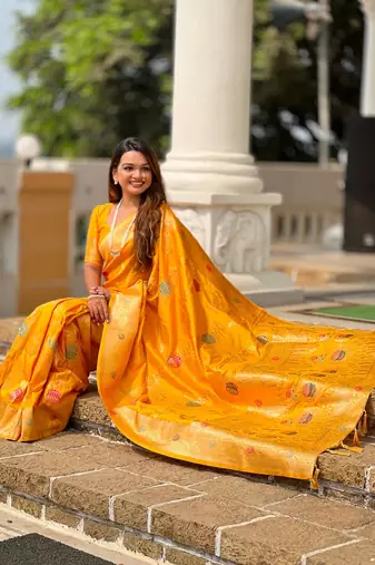 Yellow soft banarasi silk blend meenakari weaving saree with unstitched blouse