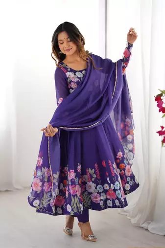 Floral Printed Organza Anarkali Kurta With Cotton Silk Pant And Dupatta.