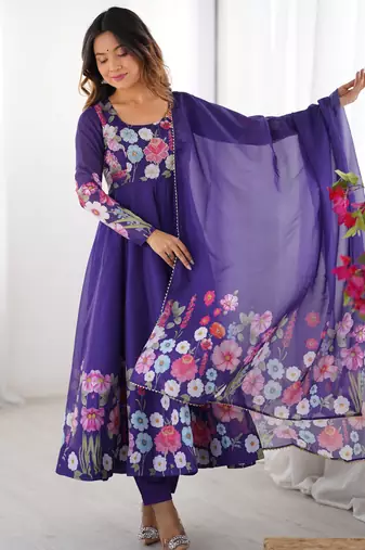 Floral Printed Organza Anarkali Kurta With Cotton Silk Pant And Dupatta.