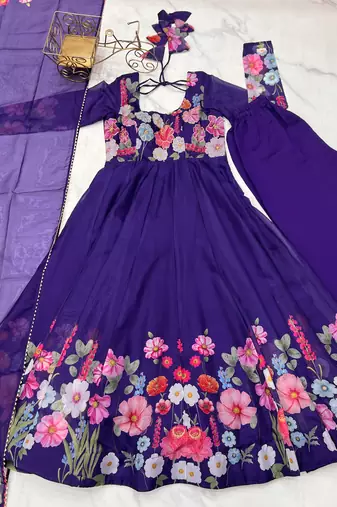 Floral Printed Organza Anarkali Kurta With Cotton Silk Pant And Dupatta.