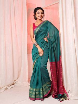 Teal cotton handloom saree with woven border 2