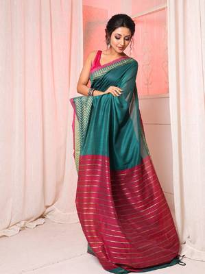 Teal cotton handloom saree with woven border 3