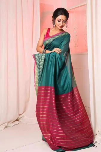 Teal cotton handloom saree with woven border
