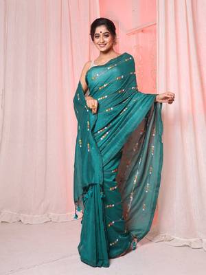 Teal cotton handloom saree with embroidery work 2