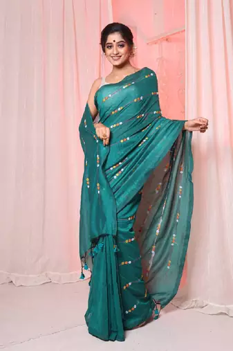 Teal cotton handloom saree with embroidery work