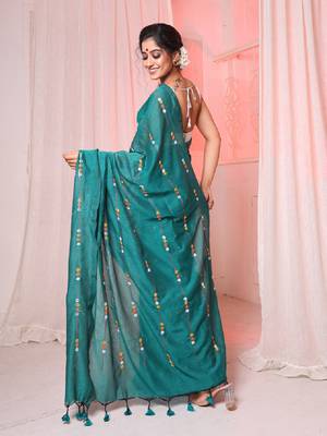 Teal cotton handloom saree with embroidery work 3