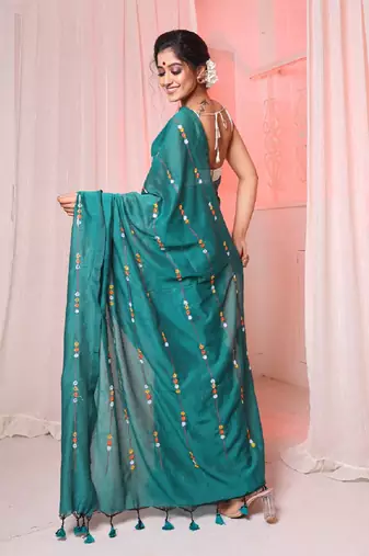 Teal cotton handloom saree with embroidery work