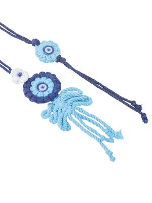 set of 2 blue evil eye floral bhaiya bhabhi rakhi with roli chawal chandan & mishri 3