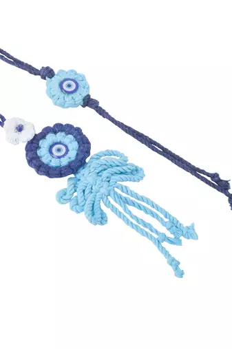 set of 2 blue evil eye floral bhaiya bhabhi rakhi with roli chawal chandan & mishri