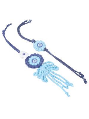 set of 2 blue evil eye floral bhaiya bhabhi rakhi with roli chawal chandan & mishri 4
