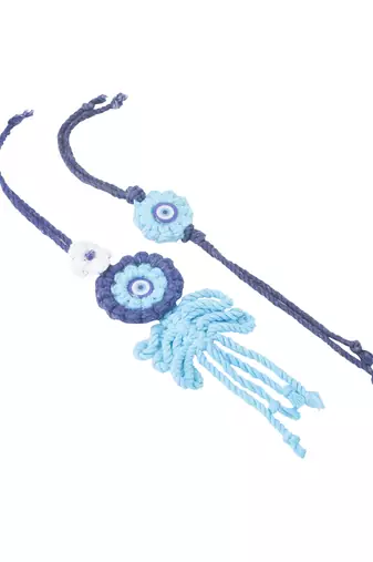 set of 2 blue evil eye floral bhaiya bhabhi rakhi with roli chawal chandan & mishri