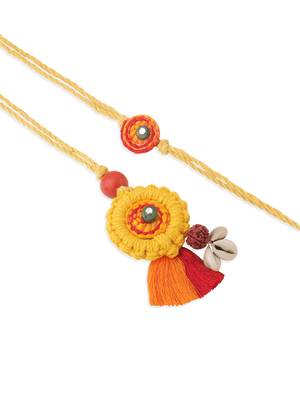  set of 2 yellow sea shell round floral design bhaiya bhabhi rakhi with roli chawal chandan & mishri 2