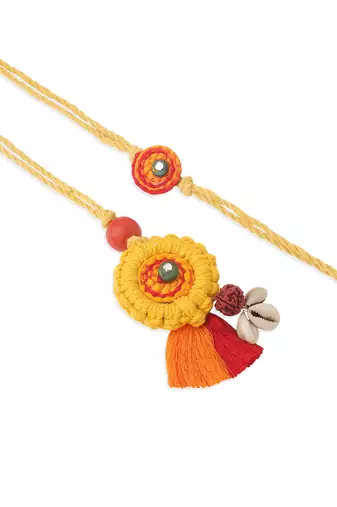  set of 2 yellow sea shell round floral design bhaiya bhabhi rakhi with roli chawal chandan & mishri