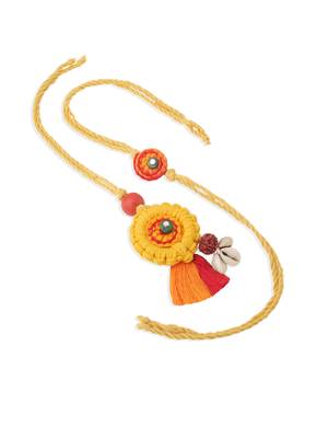  set of 2 yellow sea shell round floral design bhaiya bhabhi rakhi with roli chawal chandan & mishri 3