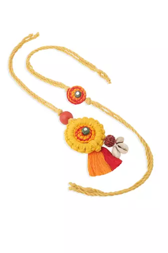  set of 2 yellow sea shell round floral design bhaiya bhabhi rakhi with roli chawal chandan & mishri