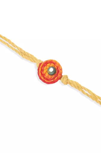  set of 2 yellow sea shell round floral design bhaiya bhabhi rakhi with roli chawal chandan & mishri