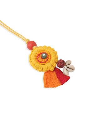  set of 2 yellow sea shell round floral design bhaiya bhabhi rakhi with roli chawal chandan & mishri 5