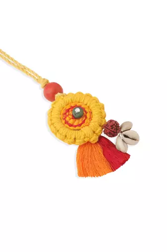  set of 2 yellow sea shell round floral design bhaiya bhabhi rakhi with roli chawal chandan & mishri