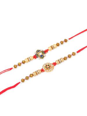   set of 2 red & gold floral design artificial stones & beads thread rakhi with roli chawal chandan & mishri 2