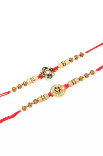   set of 2 red & gold floral design artificial stones & beads thread rakhi with roli chawal chandan & mishri