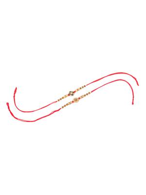   set of 2 red & gold floral design artificial stones & beads thread rakhi with roli chawal chandan & mishri 3