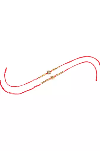   set of 2 red & gold floral design artificial stones & beads thread rakhi with roli chawal chandan & mishri