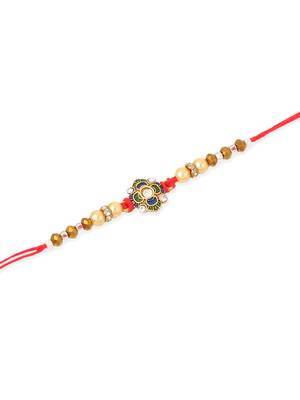   set of 2 red & gold floral design artificial stones & beads thread rakhi with roli chawal chandan & mishri 4