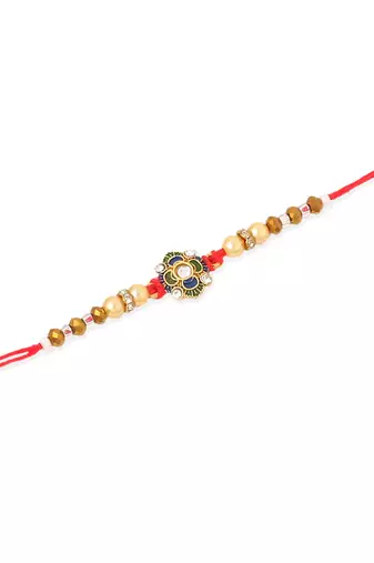   set of 2 red & gold floral design artificial stones & beads thread rakhi with roli chawal chandan & mishri
