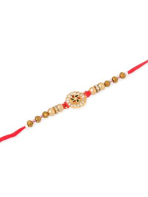   set of 2 red & gold floral design artificial stones & beads thread rakhi with roli chawal chandan & mishri 5
