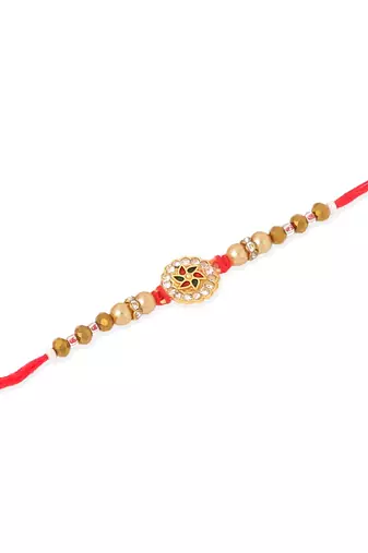   set of 2 red & gold floral design artificial stones & beads thread rakhi with roli chawal chandan & mishri