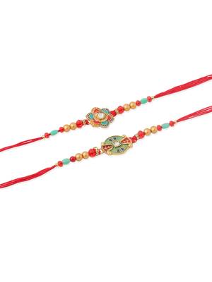   set of 2 floral design red artificial stones & beads thread rakhi with roli chawal chandan & mishri 2