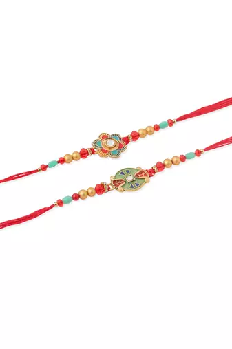   set of 2 floral design red artificial stones & beads thread rakhi with roli chawal chandan & mishri