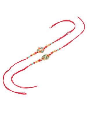   set of 2 floral design red artificial stones & beads thread rakhi with roli chawal chandan & mishri 3