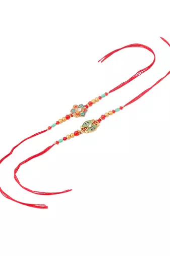   set of 2 floral design red artificial stones & beads thread rakhi with roli chawal chandan & mishri