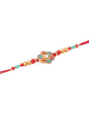   set of 2 floral design red artificial stones & beads thread rakhi with roli chawal chandan & mishri 4