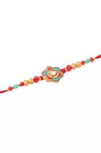   set of 2 floral design red artificial stones & beads thread rakhi with roli chawal chandan & mishri