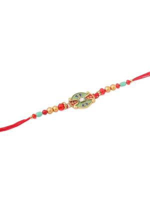   set of 2 floral design red artificial stones & beads thread rakhi with roli chawal chandan & mishri 5