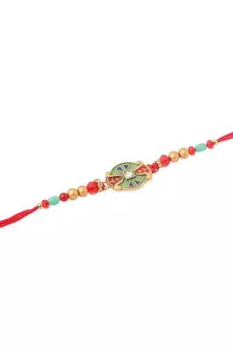   set of 2 floral design red artificial stones & beads thread rakhi with roli chawal chandan & mishri