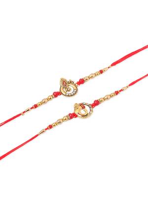   set of 2 golden red religious designer ganesh ji thread rakhi with roli chawal chandan & mishri 2