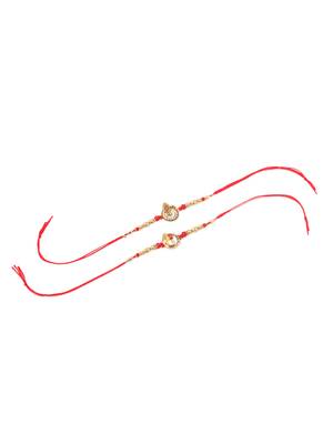   set of 2 golden red religious designer ganesh ji thread rakhi with roli chawal chandan & mishri 3