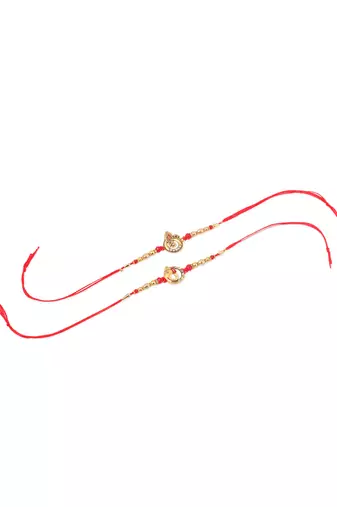   set of 2 golden red religious designer ganesh ji thread rakhi with roli chawal chandan & mishri