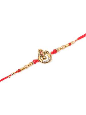   set of 2 golden red religious designer ganesh ji thread rakhi with roli chawal chandan & mishri 4