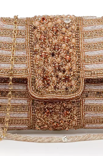 adorn rose gold & pink stone work embellished faux silk clutch